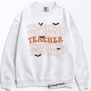 Spooky Teacher Sweatshirt, Halloween Teacher Pullover, Retro Bat Graphic Crewneck, Cute Fall Gift for Educators, Teacher Comfort Colors Sweatshirt