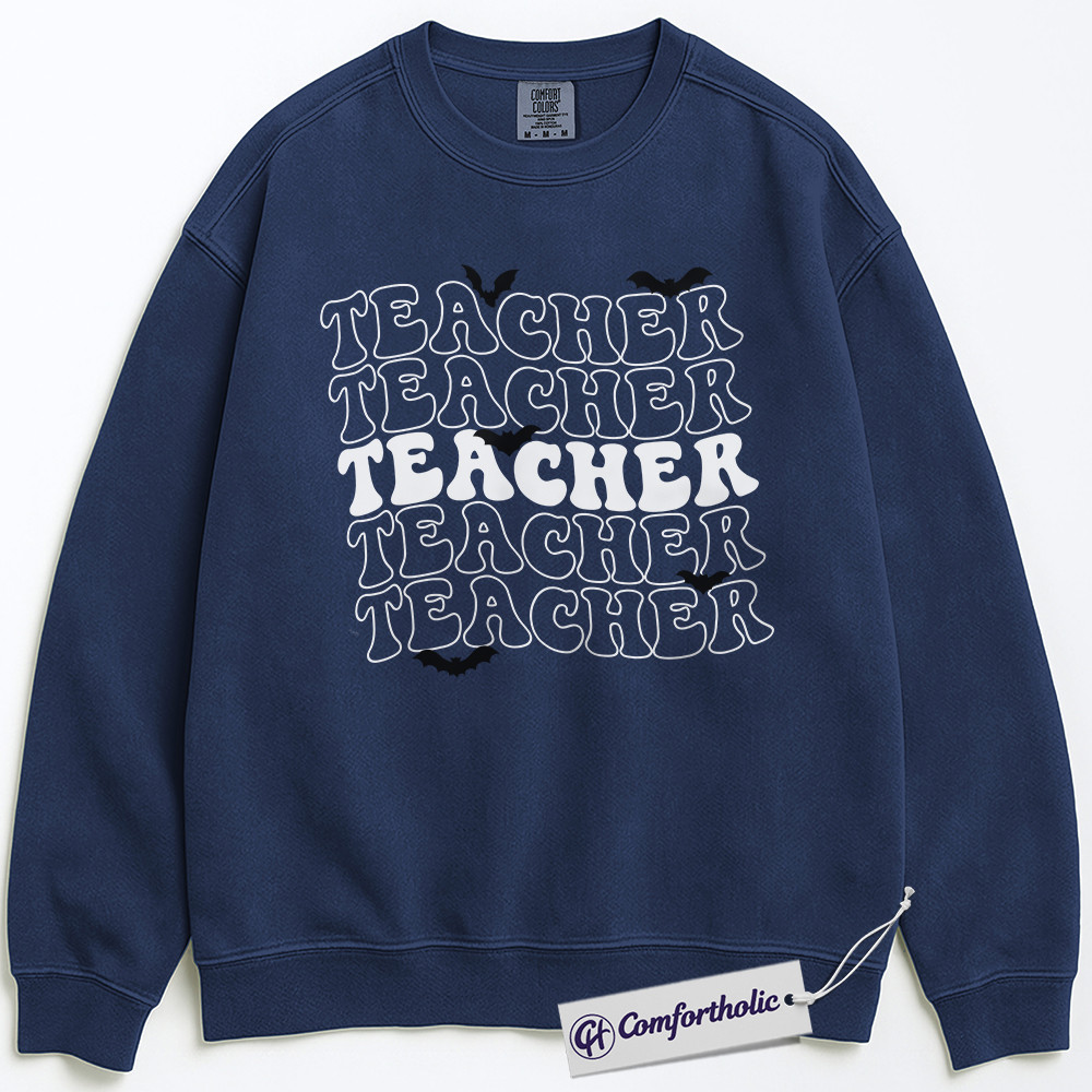 Spooky Teacher Sweatshirt, Retro Halloween Educator Crewneck, Cute Bat Graphic Pullover, Fun Fall Gift for Teachers, Comfort Colors Sweatshirt - Image 4