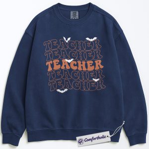 Alternative view of Spooky Teacher Sweatshirt, Funny Halloween Educator Pullover, Retro Bat Graphic Crewneck, Cute Fall Gift for Teachers, Comfort Colors Sweatshirt