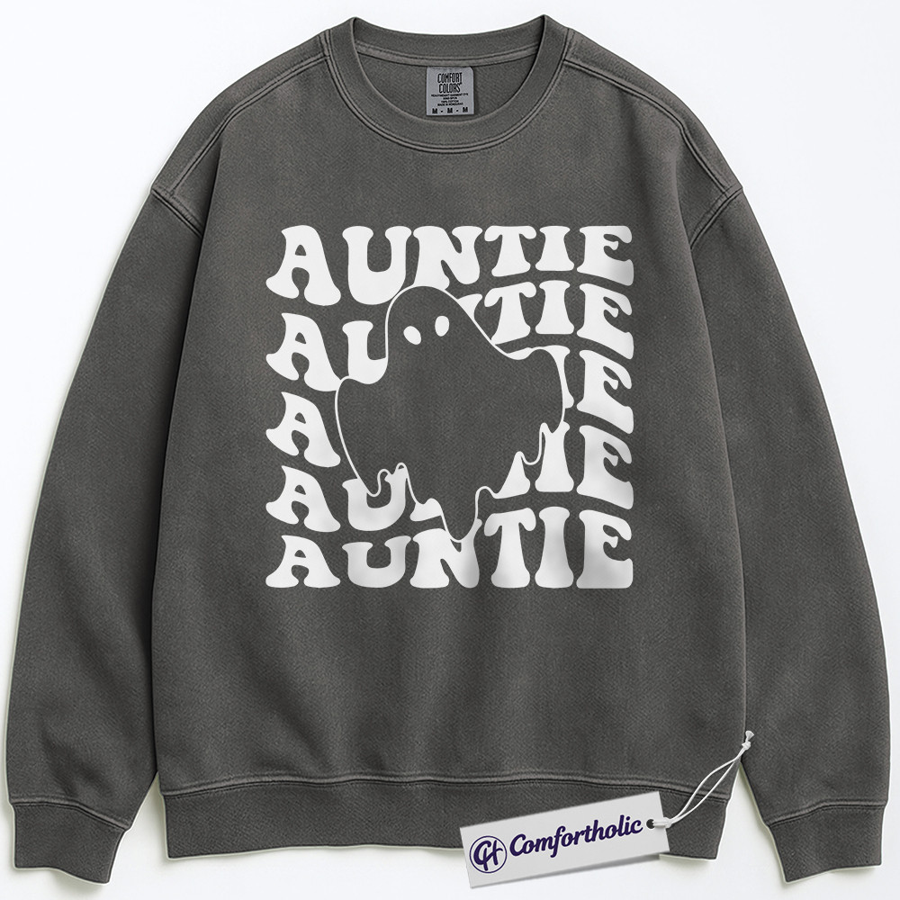 Spooky Auntie Sweatshirt, Cute Ghost Aunt Crewneck, Retro Halloween Pullover, Fun Fall Gift for Aunts, Comfort Colors Sweatshirt - Image 3