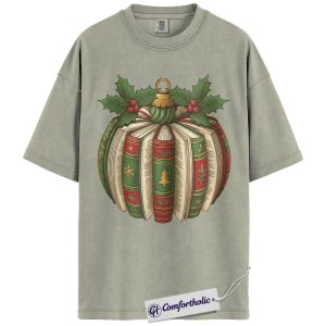 Alternative view of Book Ornament Christmas Shirt, Vintage Holiday Reading T-Shirt, Aesthetic Book Lover Graphic Tee, Cozy Bookish Gift for Readers, Christmas Comfort Colors Shirt