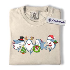 Alternative view of Funny Shark Christmas Shirt, Cute Shark Family T-Shirt, Holiday Ocean Animal Graphic Tee, Christmas Gift for Shark Lovers, Santa Shark Comfort Colors Shirt