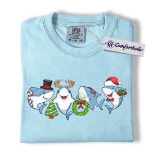 Funny Shark Christmas Shirt, Cute Shark Family T-Shirt, Holiday Ocean Animal Graphic Tee, Christmas Gift for Shark Lovers, Santa Shark Comfort Colors Shirt