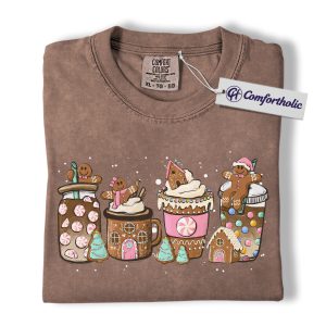 Gingerbread Coffee Christmas Shirt, Hot Cocoa Holiday T-Shirt, Cute Peppermint Mug Graphic Tee, Christmas Gift for Coffee Lovers, Cozy Winter Drink Comfort Colors Shirt