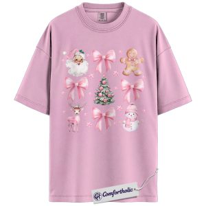 Pink Aesthetic Christmas Shirt, Cute Santa Gingerbread Reindeer T-Shirt, Vintage Holiday Graphic Tee, Girly Winter Gift for Women, Christmas Comfort Colors Shirt