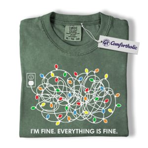 I’m Fine Everything Is Fine Christmas Shirt, Funny Holiday Lights T-Shirt, Tangled String Graphic Tee, Sarcastic Relatable Quote Comfort Colors Shirt