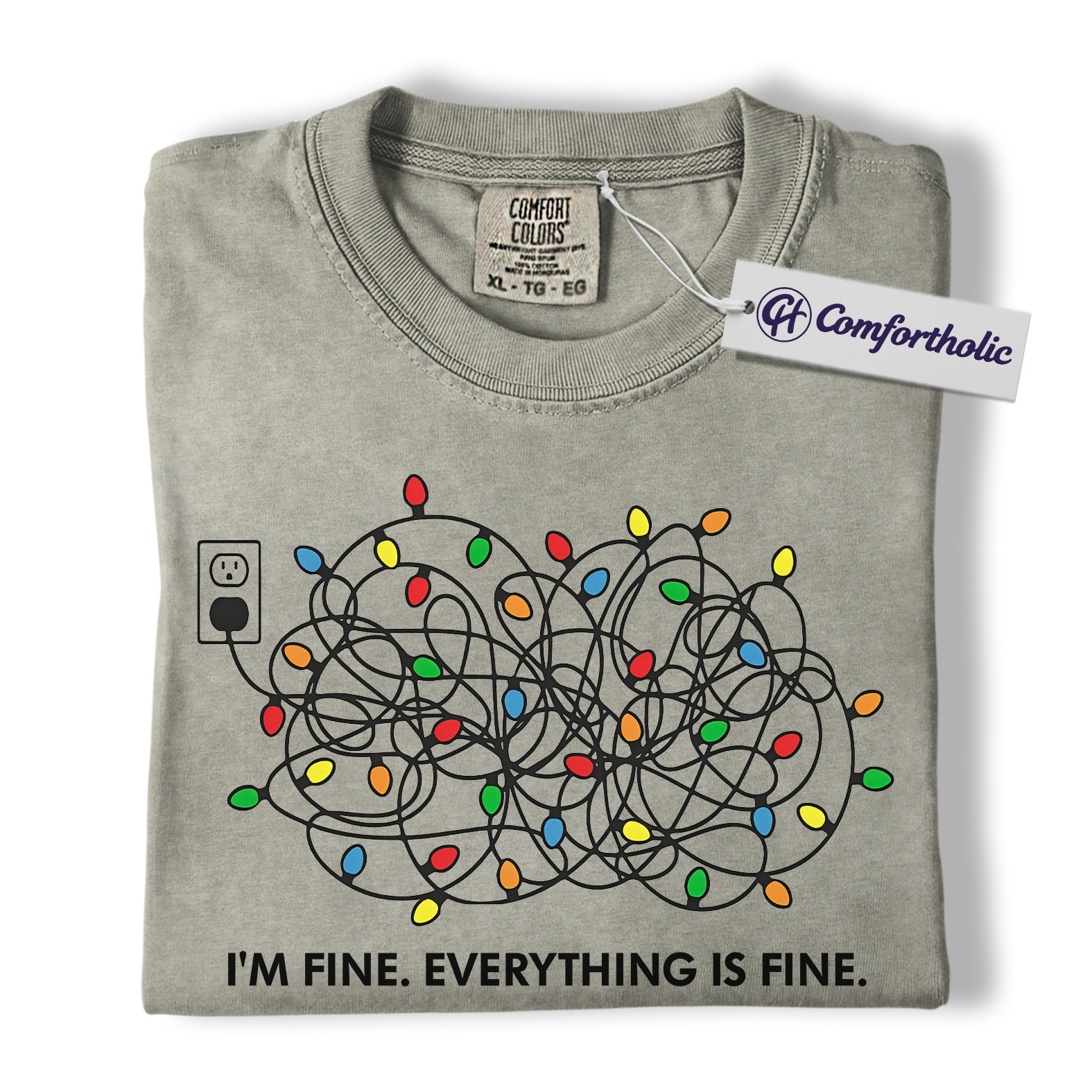 I’m Fine Everything Is Fine Christmas Shirt, Funny Holiday Lights T-Shirt, Tangled String Graphic Tee, Sarcastic Relatable Quote Comfort Colors Shirt - Image 5