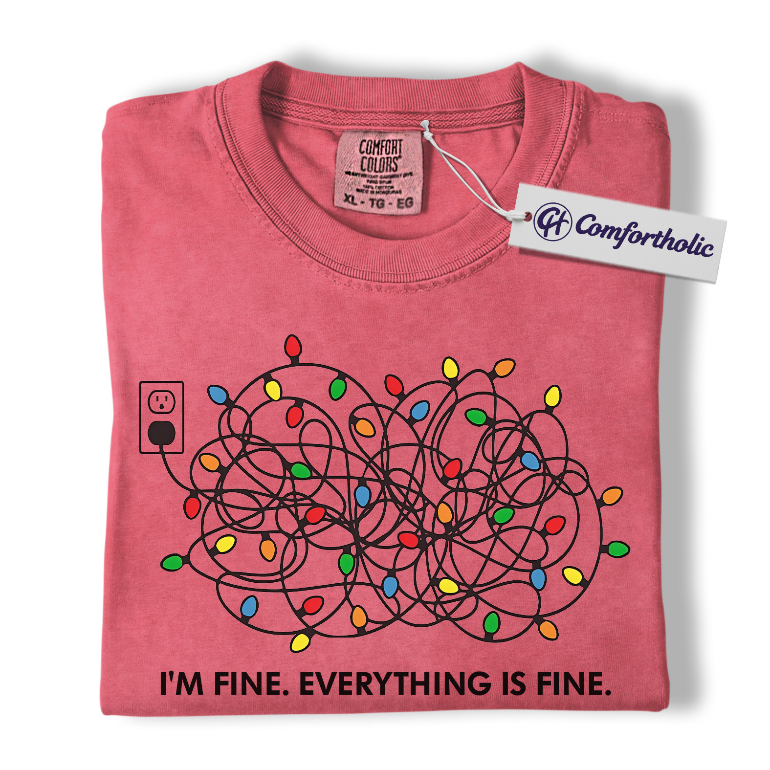 I’m Fine Everything Is Fine Christmas Shirt, Funny Holiday Lights T-Shirt, Tangled String Graphic Tee, Sarcastic Relatable Quote Comfort Colors Shirt - Image 8