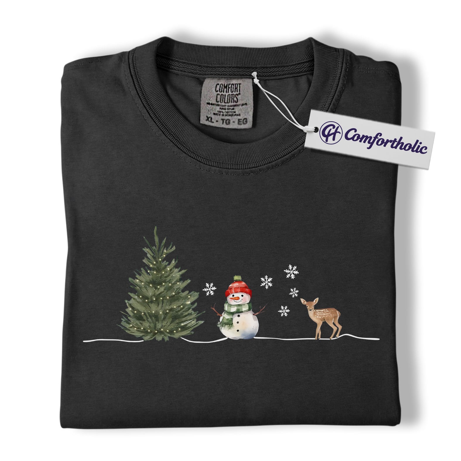 Minimal Christmas Shirt, Watercolor Snowman Reindeer T-Shirt, Cozy Winter Holiday Graphic Tee, Christmas Comfort Colors Shirt - Image 3