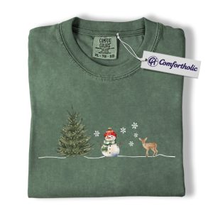 Minimal Christmas Shirt, Watercolor Snowman Reindeer T-Shirt, Cozy Winter Holiday Graphic Tee, Christmas Comfort Colors Shirt