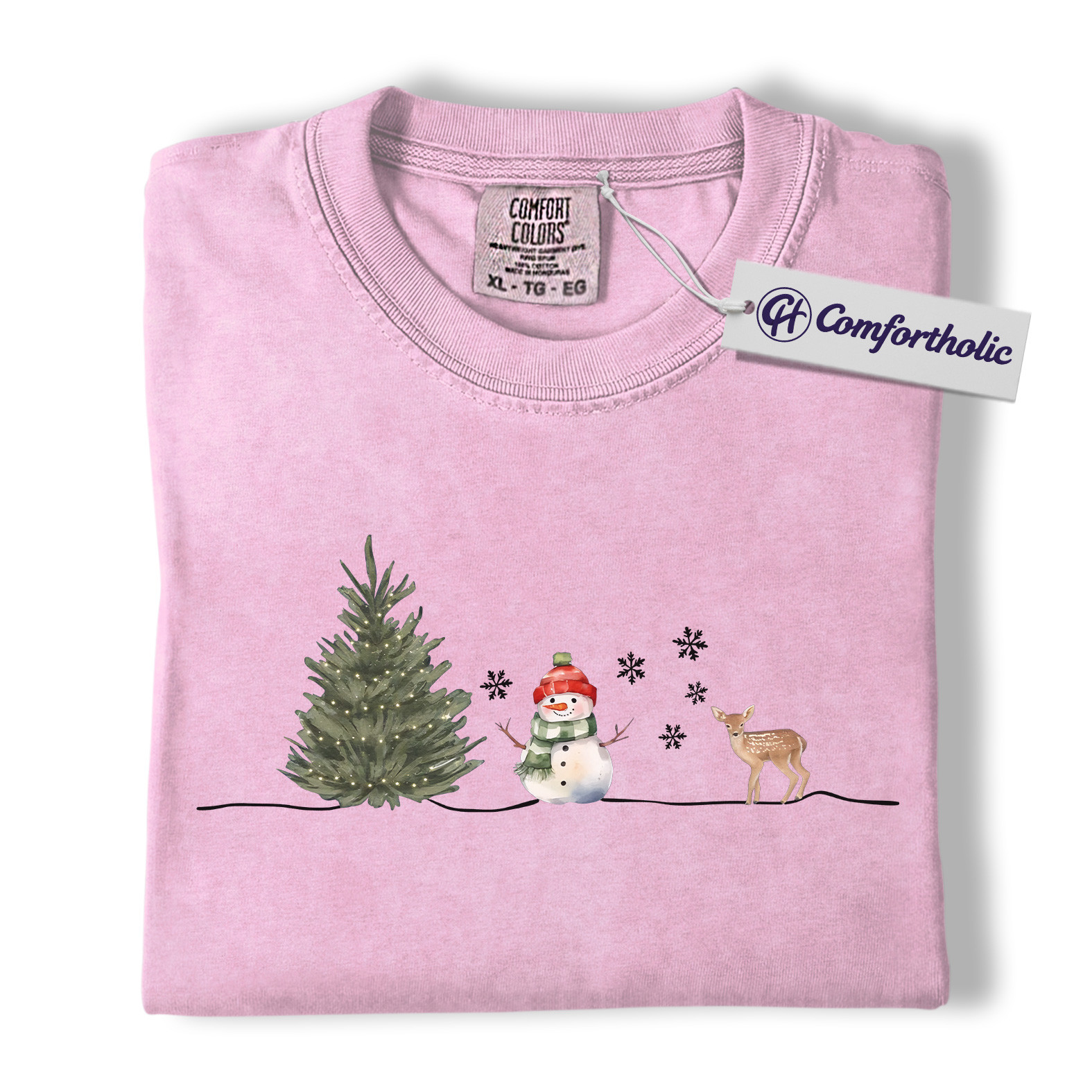 Minimal Christmas Shirt, Watercolor Snowman Reindeer T-Shirt, Cozy Winter Holiday Graphic Tee, Christmas Comfort Colors Shirt - Image 10