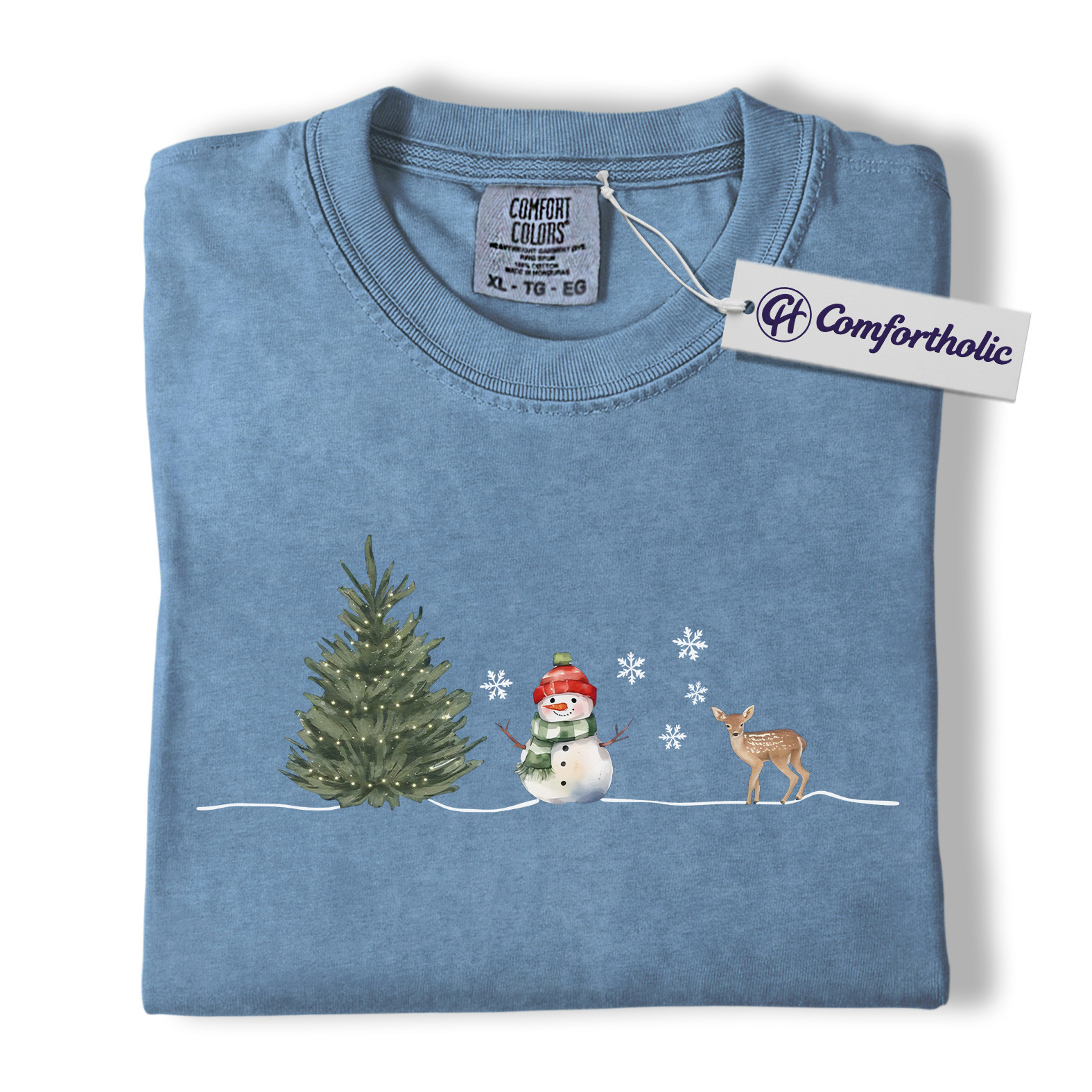 Minimal Christmas Shirt, Watercolor Snowman Reindeer T-Shirt, Cozy Winter Holiday Graphic Tee, Christmas Comfort Colors Shirt - Image 17