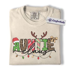Auntie Claus Christmas Shirt, Funny Holiday Aunt T-Shirt, Cute Leopard Print Graphic Tee, Family Comfort Colors Shirt