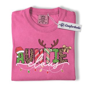 Alternative view of Auntie Claus Christmas Shirt, Funny Holiday Aunt T-Shirt, Cute Leopard Print Graphic Tee, Family Comfort Colors Shirt