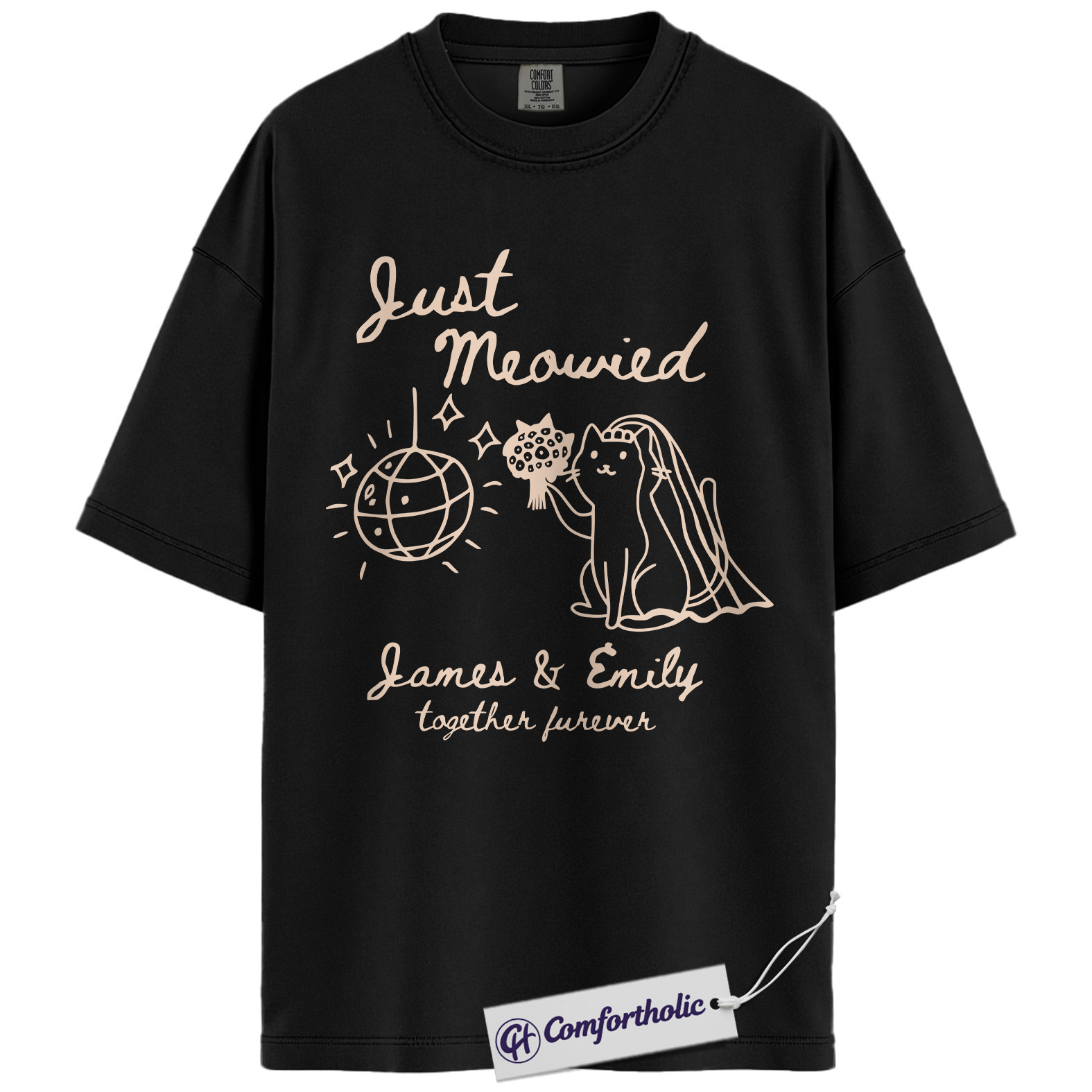 Custom Just Meowied Shirt, Personalized Cat Wedding T-Shirt, Funny Newlywed Couple Graphic Tee, Anniversary Gift for Cat Lovers, Comfort Colors Shirt - Image 3