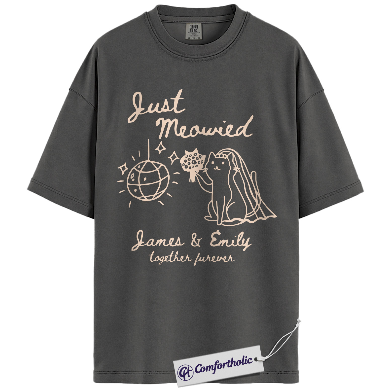 Custom Just Meowied Shirt, Personalized Cat Wedding T-Shirt, Funny Newlywed Couple Graphic Tee, Anniversary Gift for Cat Lovers, Comfort Colors Shirt - Image 4