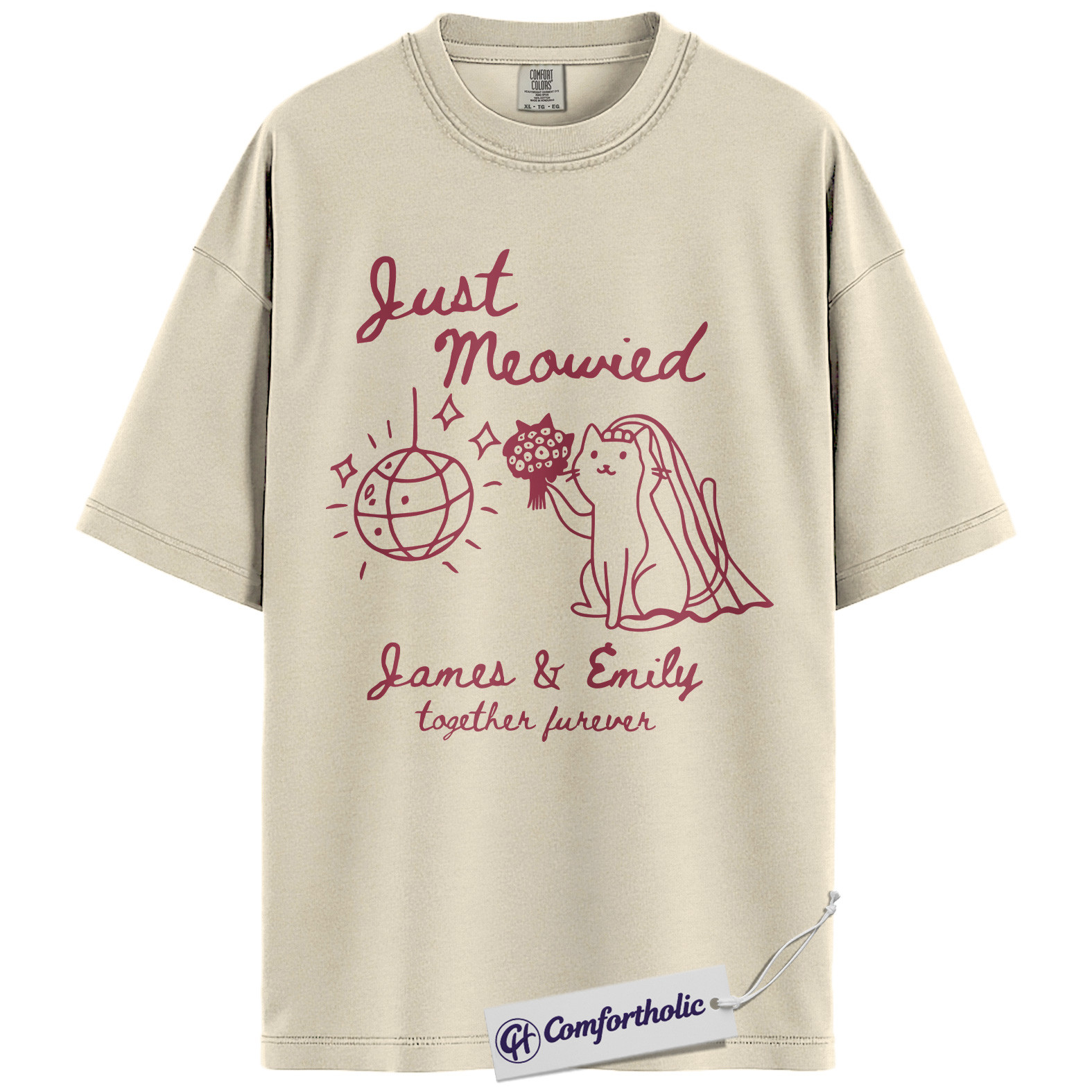 Custom Just Meowied Shirt, Personalized Cat Wedding T-Shirt, Funny Newlywed Couple Graphic Tee, Anniversary Gift for Cat Lovers, Comfort Colors Shirt
