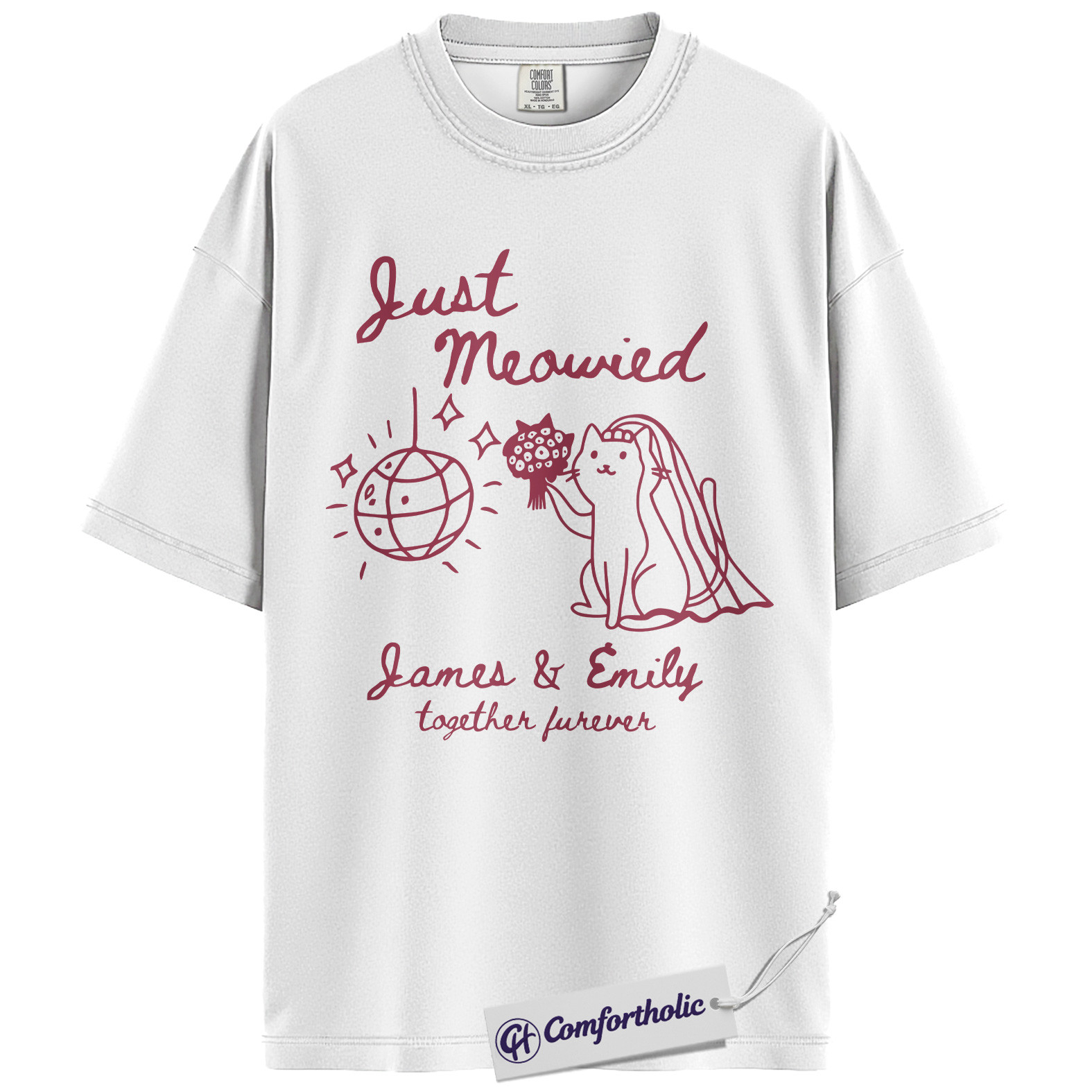 Custom Just Meowied Shirt, Personalized Cat Wedding T-Shirt, Funny Newlywed Couple Graphic Tee, Anniversary Gift for Cat Lovers, Comfort Colors Shirt - Image 2