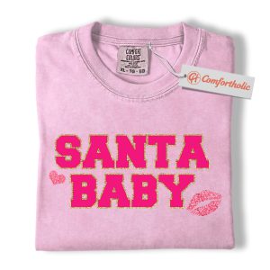 Santa Baby Shirt, Cute Pink Christmas T-Shirt for Women, Girly Holiday Graphic Tee, Christmas Comfort Colors Shirt