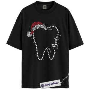Custom Dental Christmas Shirt, Personalized Tooth T-Shirt, Cute Dentist Holiday Graphic Tee, Gift for Dental Hygienist or Assistant, Comfort Colors Shirt