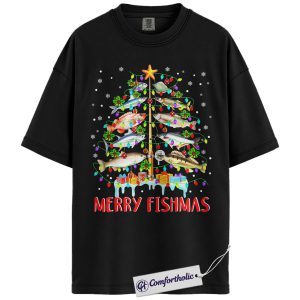 Merry Fishmas Shirt, Funny Fishing Christmas T-Shirt, Humor Outdoor Lover Graphic Tee, Festive Holiday Gift for Fishermen, Christmas Comfort Colors Shirt
