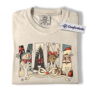 Alternative view of Christmas Mama Shirt, Vintage Holiday T-Shirt for Moms, Retro Santa & Reindeer Graphic Tee, Festive Family Matching Outfit Gift, Family Comfort Colors Shirt