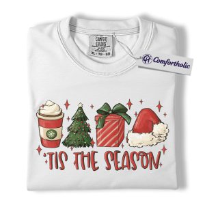 Alternative view of Tis the Season Christmas Shirt, Cute Holiday Coffee Lover T-Shirt, Festive Gift Graphic Tee for Women, Christmas Comfort Colors Shirt