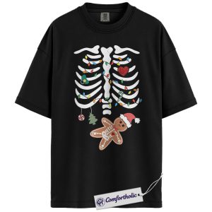 Pregnancy Christmas Shirt, Maternity Skeleton Gingerbread Baby T-Shirt, Funny Holiday Pregnancy Announcement Graphic Tee, Cute Expecting Mom Gift, Christmas Comfort Colors Shirt