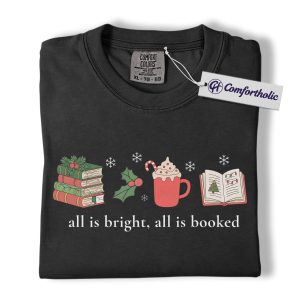 Alternative view of All Is Bright All Is Booked Shirt, Book Lover Christmas T-Shirt, Funny Reading Holiday Graphic Tee, Gift for Readers and Librarians, Christmas Comfort Colors Shirt