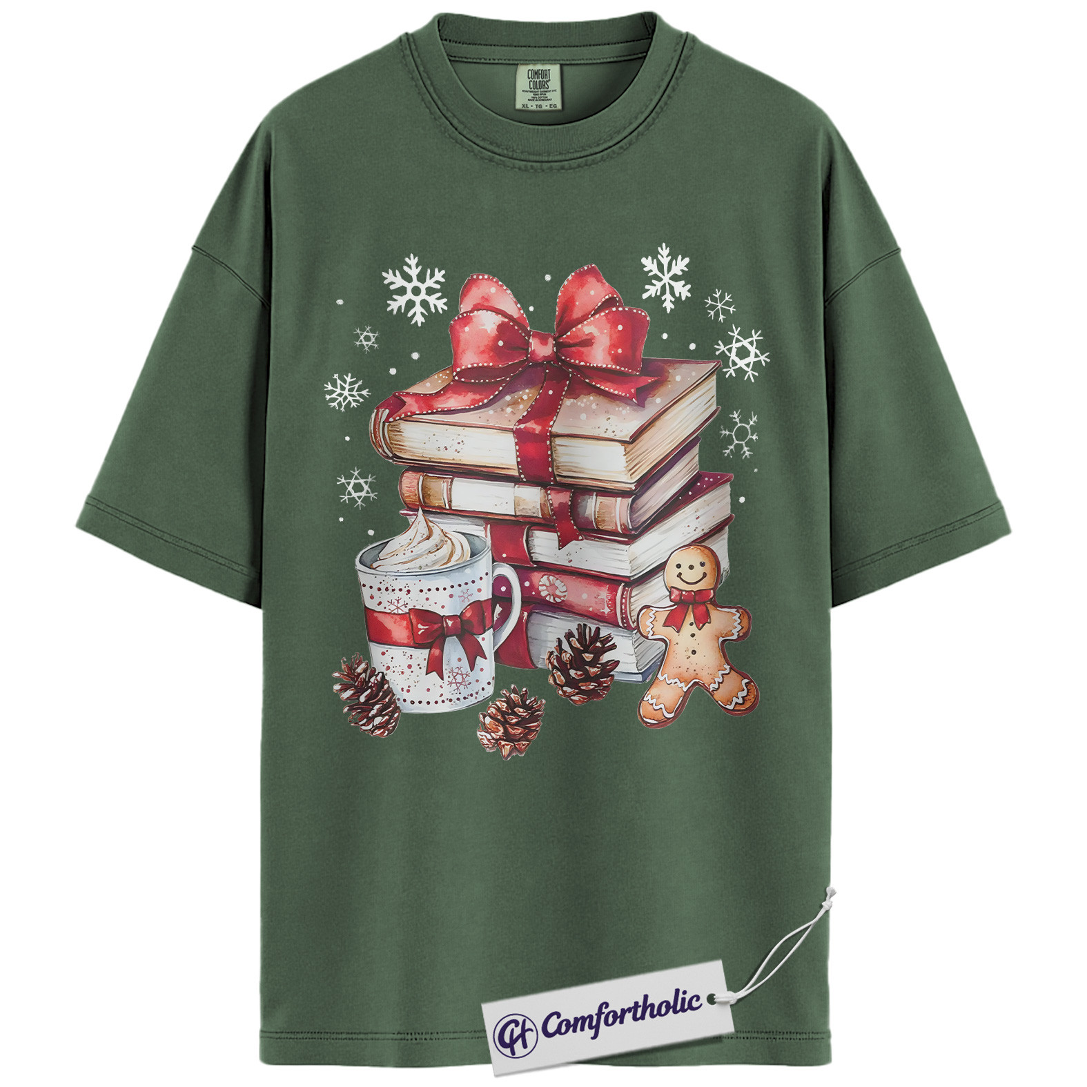 Book Lover Christmas Shirt, Cozy Winter Reading T-Shirt, Gingerbread Hot Cocoa Holiday Graphic Tee, Gift for Readers and Librarians, Christmas Comfort Colors Shirt - Image 6