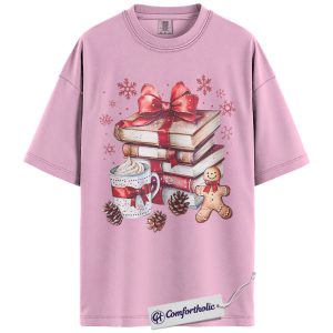 Book Lover Christmas Shirt, Cozy Winter Reading T-Shirt, Gingerbread Hot Cocoa Holiday Graphic Tee, Gift for Readers and Librarians, Christmas Comfort Colors Shirt