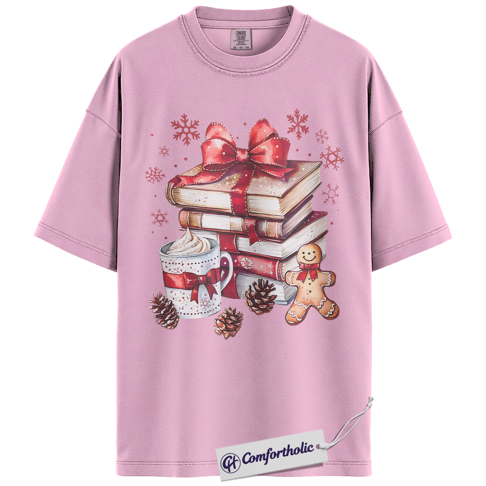 Book Lover Christmas Shirt, Cozy Winter Reading T-Shirt, Gingerbread Hot Cocoa Holiday Graphic Tee, Gift for Readers and Librarians, Christmas Comfort Colors Shirt