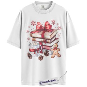 Alternative view of Book Lover Christmas Shirt, Cozy Winter Reading T-Shirt, Gingerbread Hot Cocoa Holiday Graphic Tee, Gift for Readers and Librarians, Christmas Comfort Colors Shirt