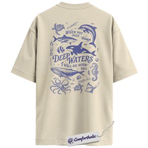 When You Pass Through Deep Waters Shirt, Isaiah 43:2 Bible Verse T-Shirt, Christian Ocean Graphic Tee, Inspirational Faith Gift for Believers, Comfort Colors Back Print Shirt