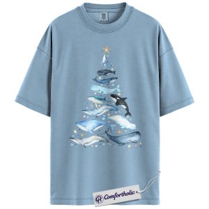 Whale Christmas Tree Shirt, Ocean Lover Holiday T-Shirt, Marine Animal Graphic Tee, Christmas Gift for Nature Lovers, Sea Life Comfort Colors Shirt