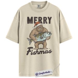 Merry Fishmas Shirt, Funny Bigfoot Fishing Christmas T-Shirt, Fisherman Holiday Graphic Tee, Outdoor Humor Gift for Men, Christmas Comfort Colors Shirt