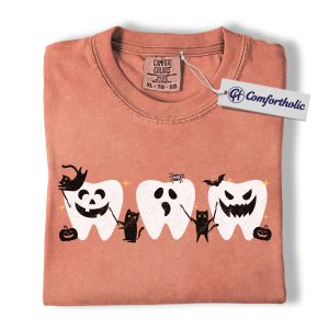 Halloween Teeth Shirt, Funny Dental T-Shirt, Cute Tooth Ghost and Pumpkin Graphic Tee, Spooky Dental Hygienist Gift, Comfort Colors Shirt