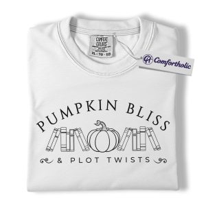 Alternative view of Pumpkin Bliss and Plot Twists Shirt, Fall Book Lover T-Shirt, Cozy Autumn Reading Graphic Tee, Cute Gift for Bookworms, Comfort Colors Shirt