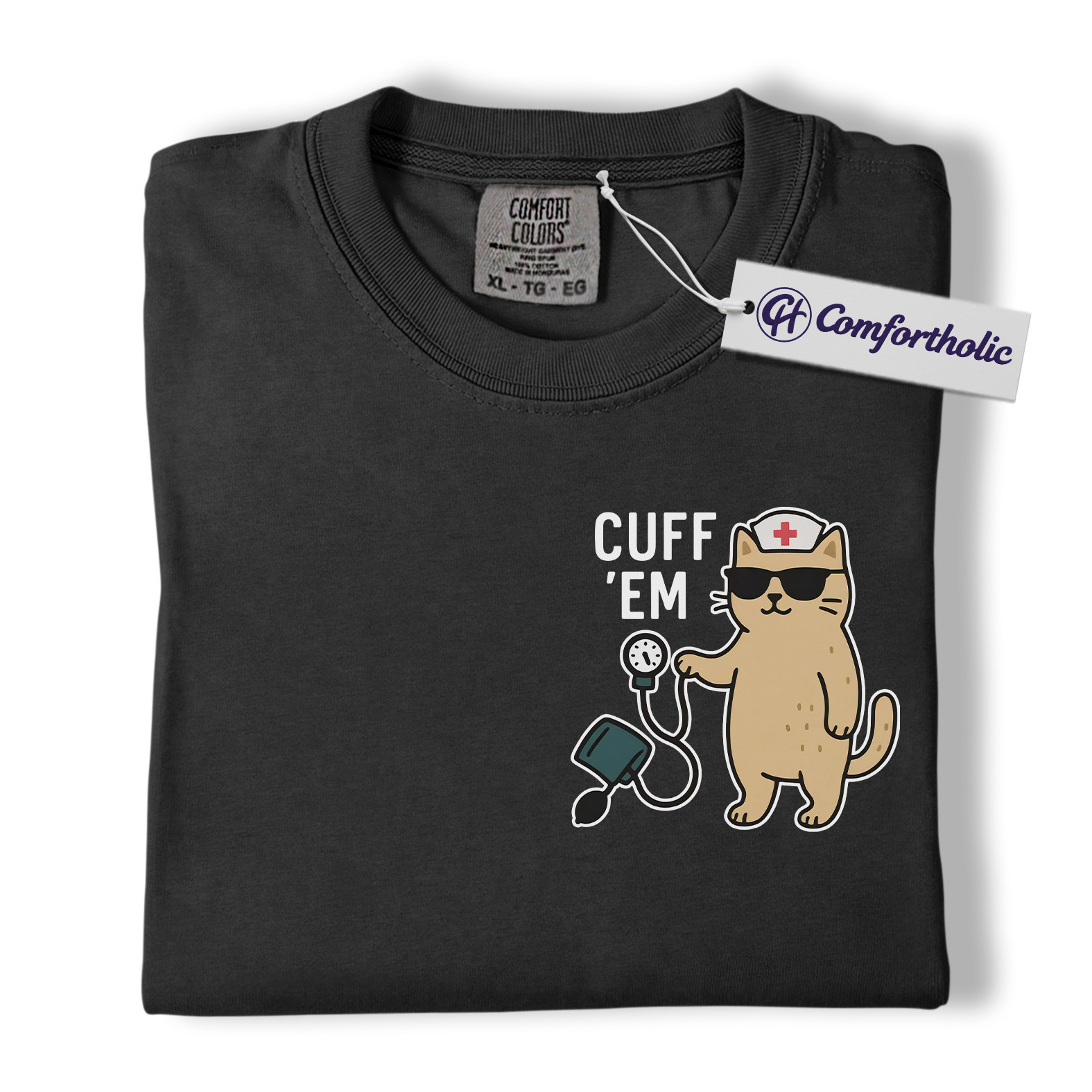 Cuff ’Em Shirt, Funny Nurse Cat T-Shirt, Cute Medical Worker Graphic Tee, Gift for Nurses, Comfort Colors Shirt - Image 4