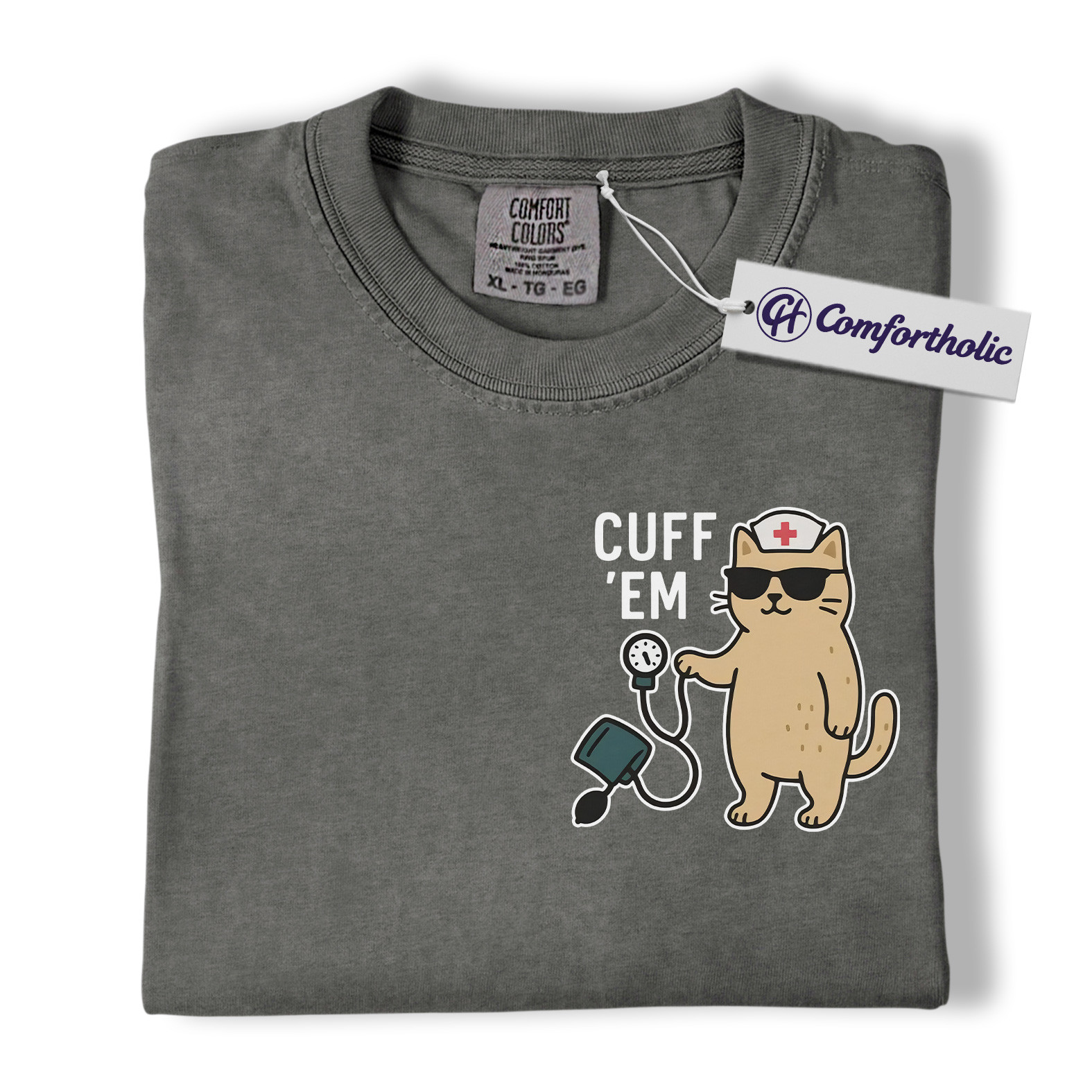 Cuff ’Em Shirt, Funny Nurse Cat T-Shirt, Cute Medical Worker Graphic Tee, Gift for Nurses, Comfort Colors Shirt - Image 5