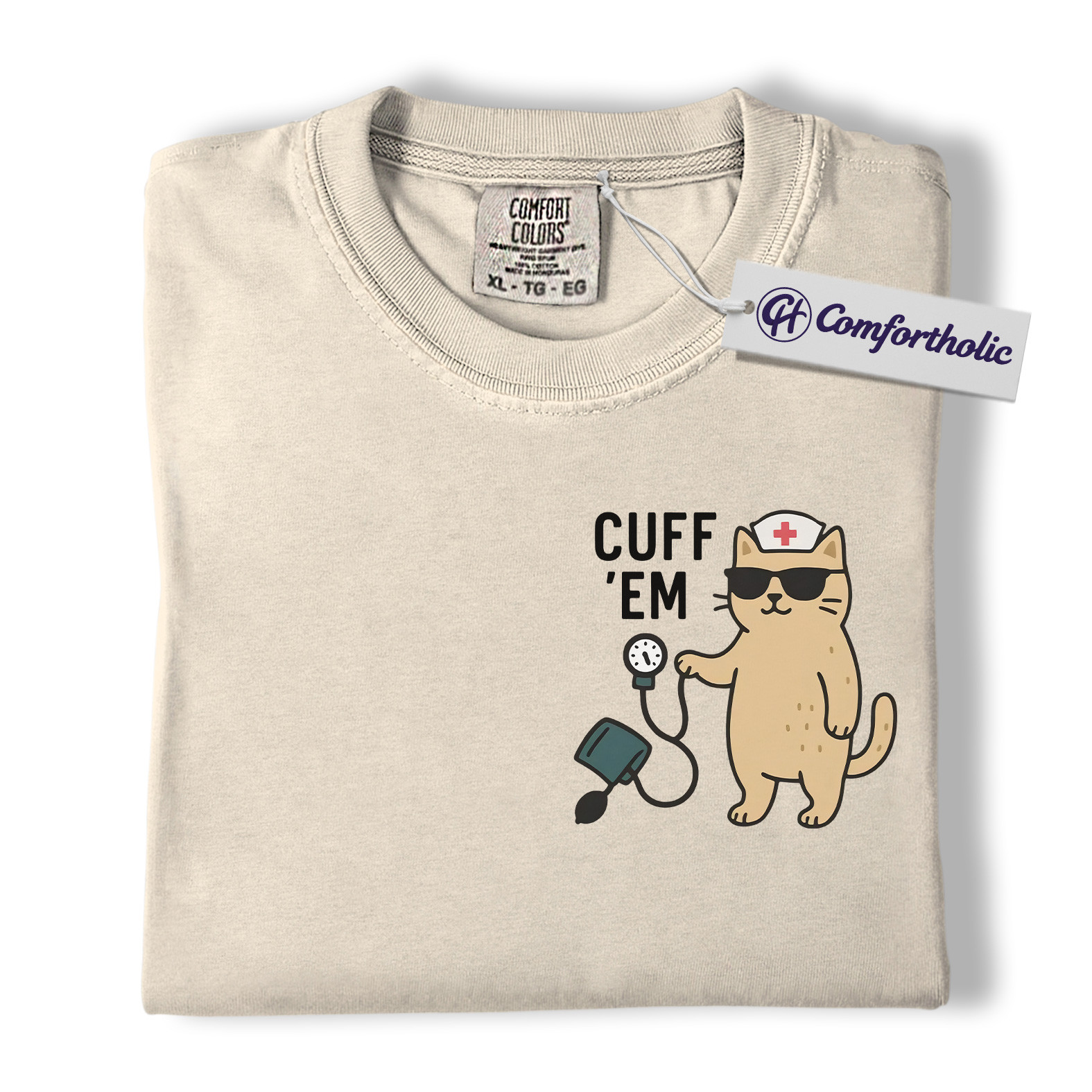 Cuff ’Em Shirt, Funny Nurse Cat T-Shirt, Cute Medical Worker Graphic Tee, Gift for Nurses, Comfort Colors Shirt - Image 2