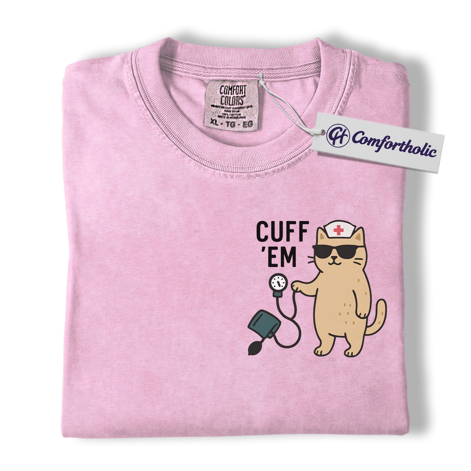 Cuff ’Em Shirt, Funny Nurse Cat T-Shirt, Cute Medical Worker Graphic Tee, Gift for Nurses, Comfort Colors Shirt - Image 9