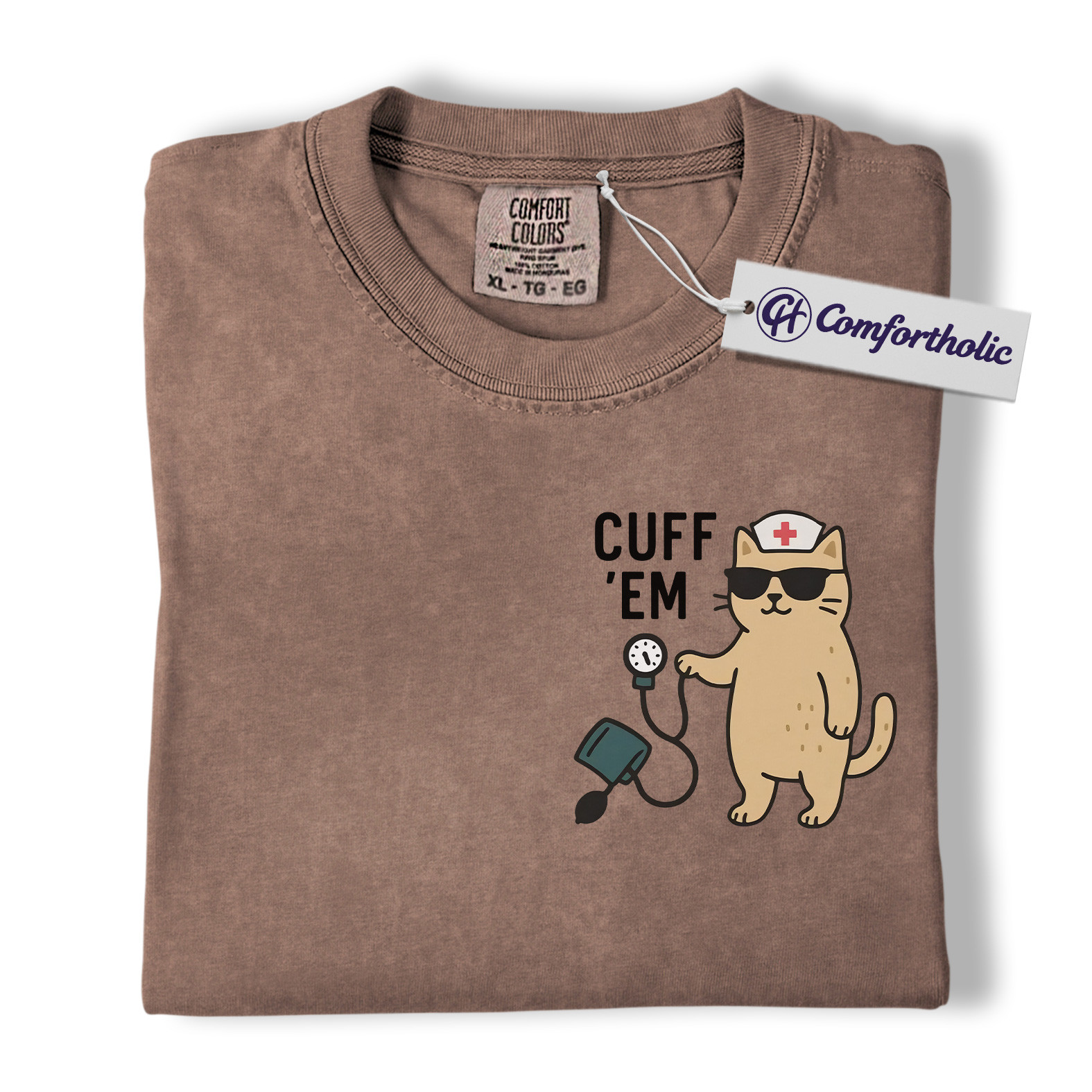 Cuff ’Em Shirt, Funny Nurse Cat T-Shirt, Cute Medical Worker Graphic Tee, Gift for Nurses, Comfort Colors Shirt