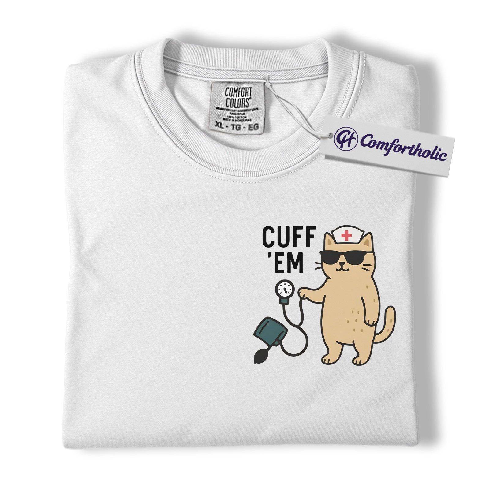 Cuff ’Em Shirt, Funny Nurse Cat T-Shirt, Cute Medical Worker Graphic Tee, Gift for Nurses, Comfort Colors Shirt - Image 3
