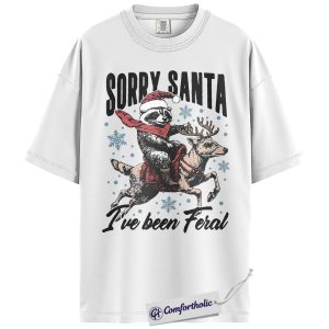 Alternative view of Sorry Santa I’ve Been Feral Shirt, Funny Christmas Raccoon T-Shirt, Holiday Humor Graphic Tee, Cute Animal Christmas Gift, Trash Panda Comfort Colors Shirt