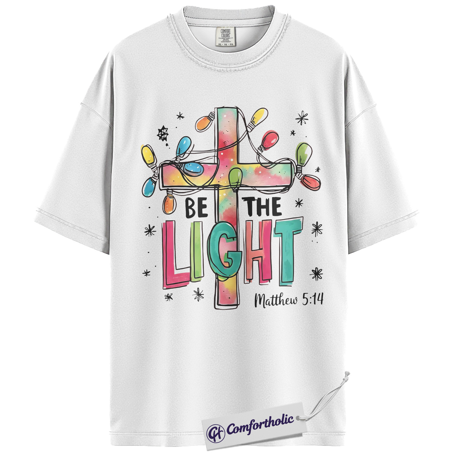 Be The Light Matthew 5:14 Shirt, Christian Bible Verse T-Shirt, Faith-Based Christmas Graphic Tee, Inspirational Jesus Cross Gift for Believers, Christmas Comfort Colors Shirt - Image 4