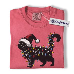 Alternative view of Black Cat Christmas Shirt, Funny Santa Hat Cat T-Shirt, Cute Festive Kitty Holiday Graphic Tee, Christmas Gift for Cat Lovers, Christmas Comfort Colors Shirt