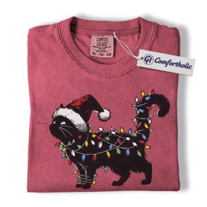 Black Cat Christmas Shirt, Funny Santa Hat Cat T-Shirt, Cute Festive Kitty Holiday Graphic Tee, Christmas Gift for Cat Lovers, Christmas Comfort Colors Shirt