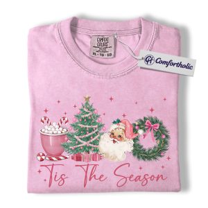 Tis The Season Christmas Shirt, Vintage Santa Tree Wreath T-Shirt, Cute Pink Holiday Graphic Tee, Festive Winter Gift for Women, Christmas Comfort Colors Shirt