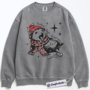 Alternative view of Festive but Feral Sweatshirt, Funny Raccoon Christmas Pullover, Animal Holiday Graphic Crewneck, Cute Wildlife Gift for Animal Lovers, Christmas Comfort Colors Sweatshirt